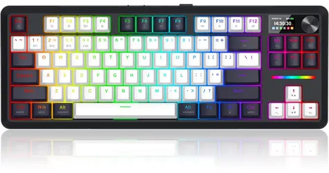 Redragon Wildslash LCD Pro K746WB-RGB-PRO bílo-černá / Herní klávesnice / mechanická / LCD displej / RGB / bezdrátová