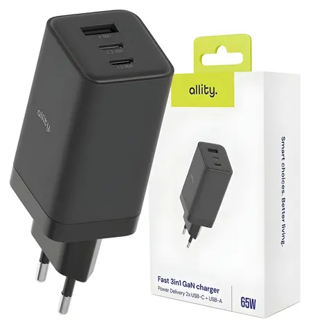 Allity ATC-01-65WACC Víceportová USB rychlonabíječka GaN 65W černá / 1xUSB-A / 2xUSB-C / PD / QC