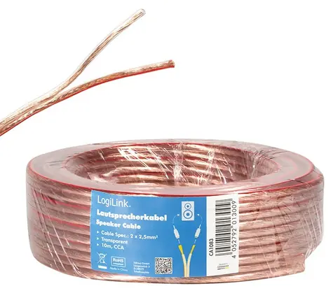 LogiLink Reproduktorový kabel průhledný / Reproduktorový kabel / 2x 2,5 mm2 / 10 m