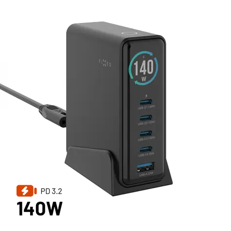 FIXED Dokovací GaN stanice černá / Nabíjecí stanice / TFT displej / 4x USB-C + USB-A / PD 3.2 / 140W