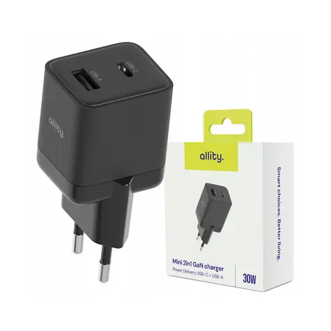 Allity ATC-01-30WAC černá / Nabíječka do sítě / GaN / 30W / 1xUSB-A / 1xUSB-C / PD/QC