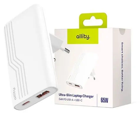 Allity ATC-02-65WAC bílá / Síťová nabíječka / GaN / 65W / USB-A + USB-C / PD / QC
