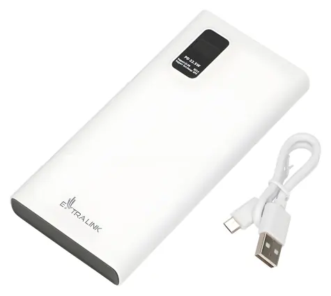 Extralink EPB-067W bílá / Powerbanka / 10 000 mAh / 2x USB-A + USB-C / 22,5W / LED displej