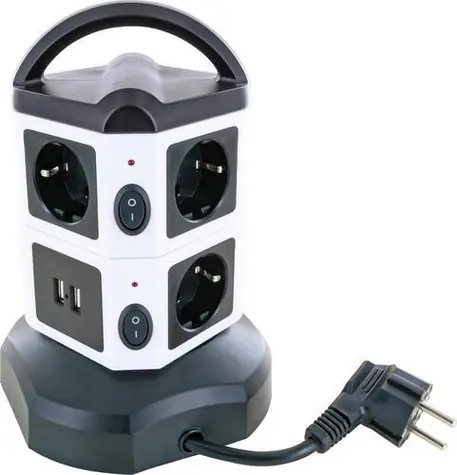 Schwaiger zásuvková věž 7x Schuko černá, bílá / Prodlužovací kabel / 1x USB-A / 1x USB-C / 1,8 m / IP44