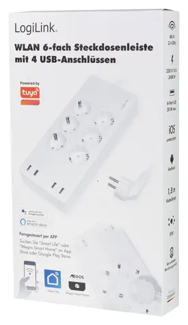 LogiLink Smart prodlužovací panel bílá / Prodlužovací panel / 6 zásuvek / Wi-Fi / 4x USB-A / 1,8 m