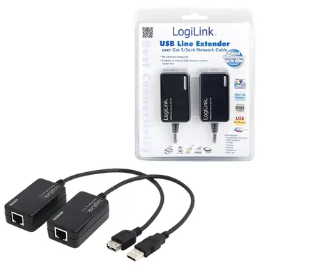 LogiLink USB extender 60 m černá / Prodlužovač signálu USB / přes RJ45 / bez ovladačů