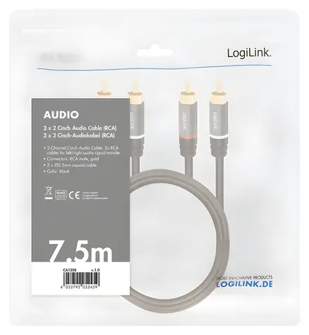 LogiLink 2x RCA - 2x RCA černá / Audio kabel / pozlacené konektory / 7,5 m