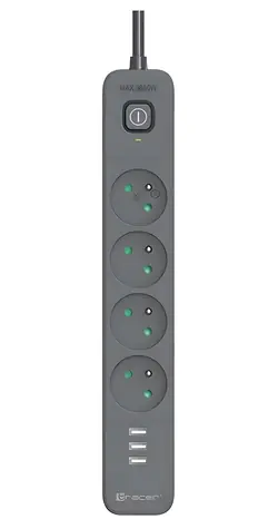 Tracer Power Line+ grafitová / Přepěťová ochrana / 4 zásuvky / USB-A / 1,5 m