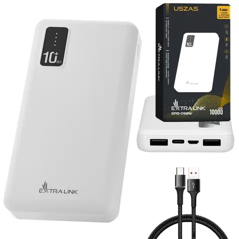 Extralink EPB-098W bílá / Power banka / 10 000 mAh / USB-C / LED displej