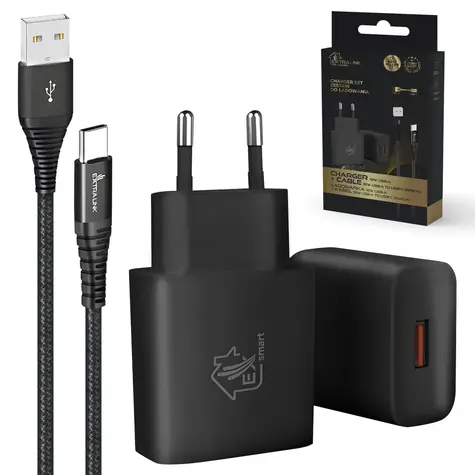 Extralink Smart Life černá / Sada USB-A - USB-C kabel + nabíječka 12W / 200 cm