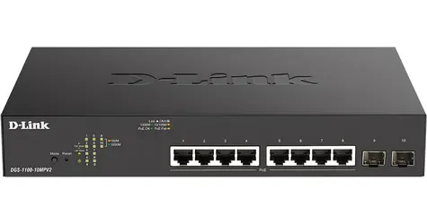 D-Link DGS-1100-10MPV2 / Switch / 8× PoE+ gigabit RJ45 / 2× SFP / 130W PoE budget / Smart managed