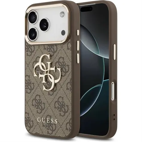 Guess PU Leather 4G Metal Logo Gold Frame hnědá / Zadní kryt / iPhone 17 Pro