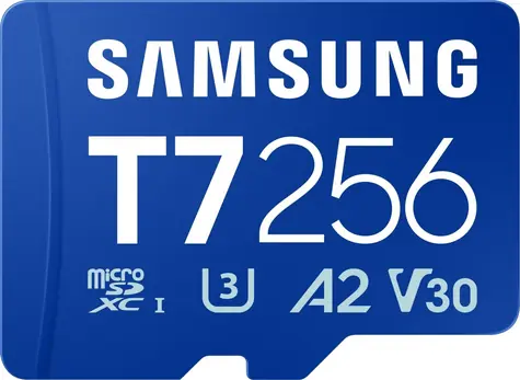 Samsung T7 modrá / Paměťová karta microSDXC / 256 GB / UHS-I U3 / V30, A2 / čtení: 170 MB/s / zápis: 130 MB/s
