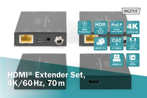 Digitus DS-55506 černá / HDMI extender / 4K/60Hz / 70 m / CAT 6/7/8 / PoC