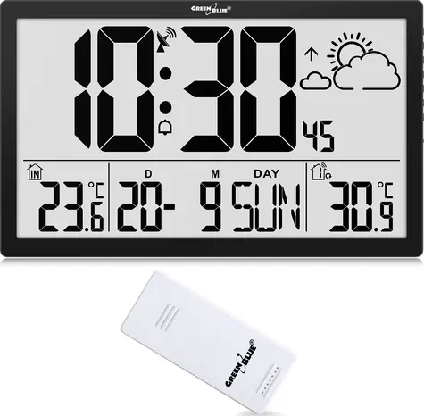 GreenBlue GB218 / Nástěnné hodiny LCD / Teplota a datum / Velký formát