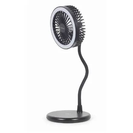 Gembird LED lampa s bezdrátovou nabíječkou 3v1 černá / Stolní LED lampa / Bezdrátová nabíječka 10W / ventilátor