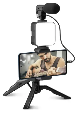SBS Streamovací tripod / Stativ / Mikrofon a LED světlo / Bezdrátová spoušť / černá