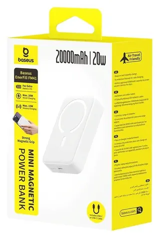 Baseus EnerFill FM41 Ultra Mini bílá / Powerbanka / 20000 mAh / 20W / 15W bezdrátové nabíjení