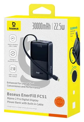 Baseus EnerFill FC51 Bipow2 Pro černá / Powerbanka / 30000 mAh / 22,5W / vestavěný USB-C kabel