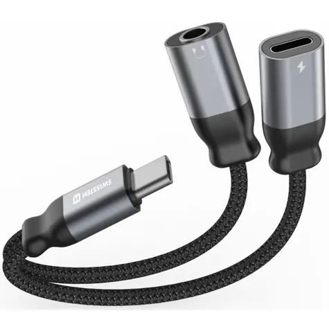 Swissten TEXTILE USB-C/Jack 3,5 mm 0,12 m černá / Nabíjecí audio adaptér / textilní opletení