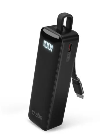 SBS PowerBank 5000 mAh černá / Powerbanka / 10 W / LCD displej / integrovaný kabel / USB-C