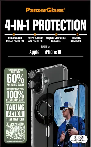 PanzerGlass Bundle Hoops pro iPhone 16 / Ochranná sada / Tvrzené sklo UWF + Hard Case + Magnetic Ring Mount