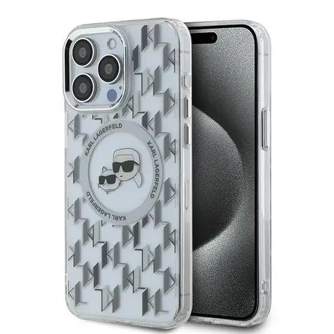 Karl Lagerfeld IML Monogram Karl & Choupette Head čirá / Zadní kryt / MagSafe / Apple iPhone 15 Pro