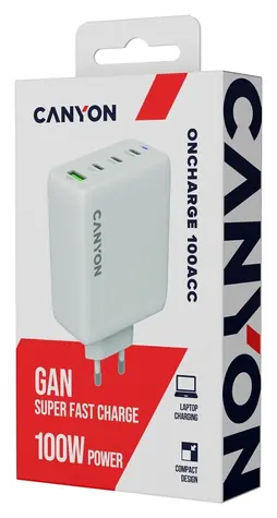 CANYON CU100ACC bílá / Nabíjecí adaptér / GaN / 100W / 3x USB-C PD / 1x USB-A QC