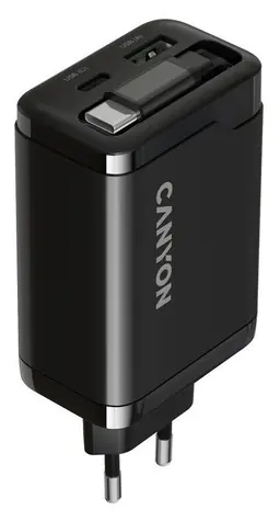 CANYON 65RC černá / Nabíjecí adaptér / vestavěný kabel USB-C / 65W / PD & QC