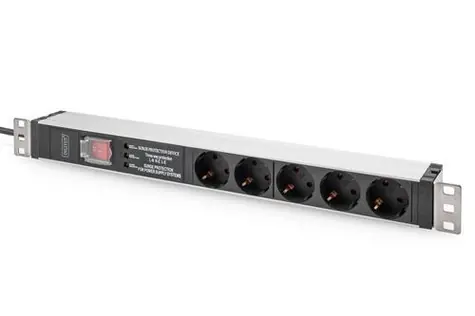 Digitus PDU 1U 5x Schuko černá / Zásuvková lišta / 230V/16A / kabel 2 m / hliníkové tělo / vypínač