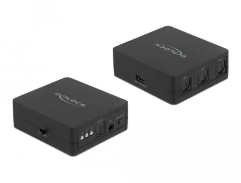 Delock TOSLINK přepínač 3 vstupy na 1 výstup / Audio přepínač / IR dálkový ovladač / 24 bit/96 kHz / USB napájení