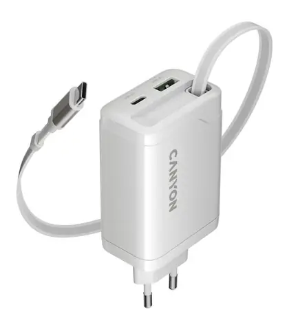 Canyon OnCharge 65RC bílá / Nabíjecí adaptér / USB-C / 65W / vestavěný kabel 68 cm