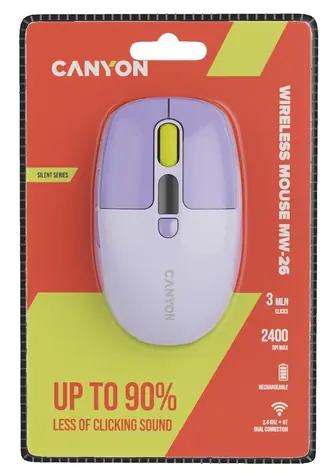 Canyon MW-26 fialová / Optická bezdrátová myš / tichá / 800-1200-1600-2400 DPI / 6 tlačítek / BT + 2,4 GHz
