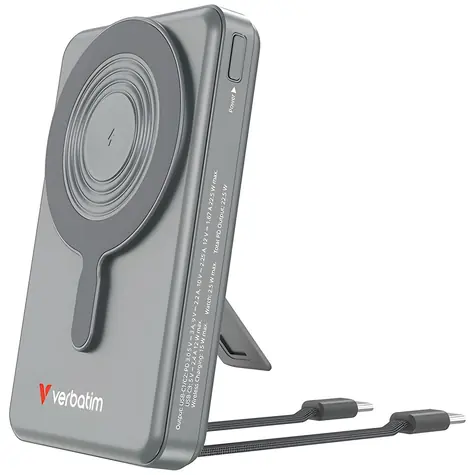 Verbatim Charge 'n' Go 2C šedá / Magnetická bezdrátová powerbanka / 10 000 mAh / MagSafe / integrované kabely USB-C