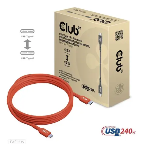 Club3D CAC-1515 oranžový / Kabel USB-C - USB-C / PD 240W (48V/5A) / 4 m / USB 2.0