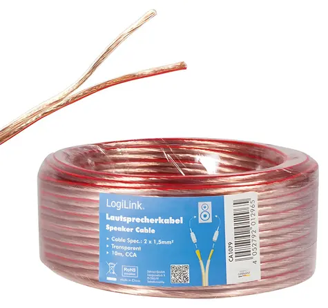 LogiLink reproduktorový kabel průhledný / Audio kabel / 10 m / 2x 1,5 mm2