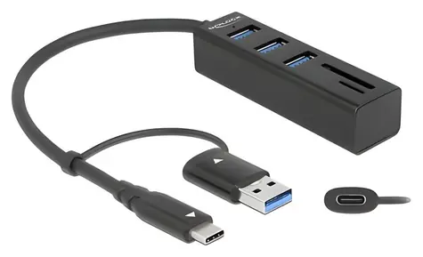 DeLock 63859 / USB hub / USB-A + USB-C / SD a microSD čtečka karet / USB 3.2 Gen 1 / kovový