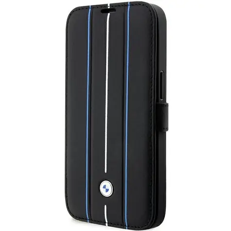 BMW Leather Stamp Blue Lines iPhone 14 Pro černá / Knížkové pouzdro / Ražený vzor