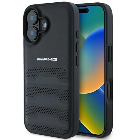 Mercedes AMG Leather Debossed Lines černá / Zadní kryt pro Apple iPhone 16 / Kožený / Logo