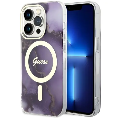 GUESS Golden Marble Kryt pro Apple iPhone 14 Pro fialová / Kryt na mobilní telefon / MagSafe / Hardcase
