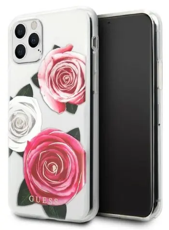 GUESS Flower Desire iPhone 11 Pro transparentní, Pink & White Rose / Zadní kryt / Hardcase