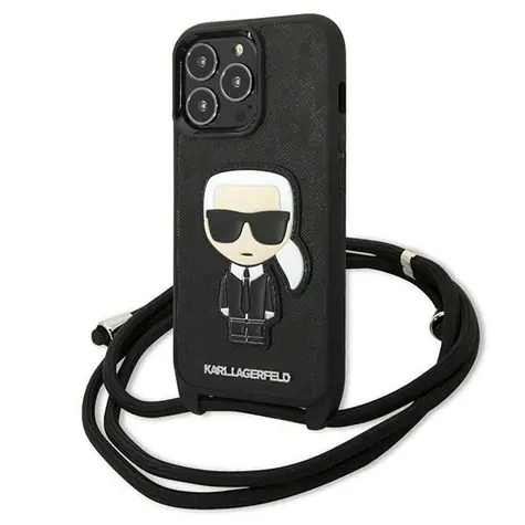 Karl Lagerfeld Monogram Ikonik černá / Kryt pro Apple iPhone 13 Pro, iPhone 13 / kožený / se šňůrkou