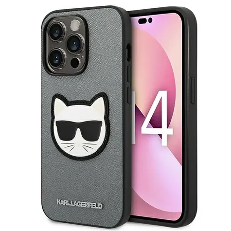 Karl Lagerfeld Saffiano Choupette Head Patch stříbrná / Zadní kryt / Apple iPhone 14 Pro Max