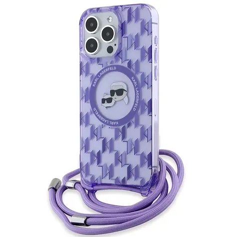 Karl Lagerfeld IML Crossbody Monogram Choupette Head fialová / Zadní kryt / pro iPhone 15 Pro / MagSafe / se šňůrkou