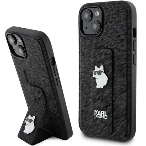 Karl Lagerfeld Gripstand Saffiano Choupette Pins černá / Zadní kryt pro Apple iPhone 15 Plus a 14 Plus