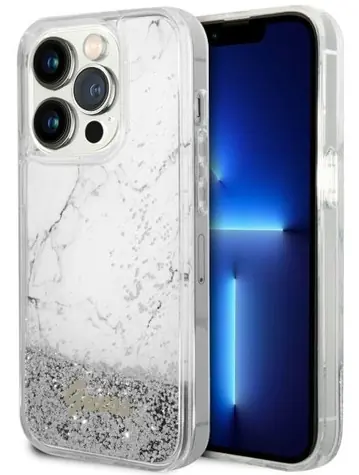 Guess Liquid Glitter Marble bílá / Zadní kryt / iPhone 14 Pro / Hardcase