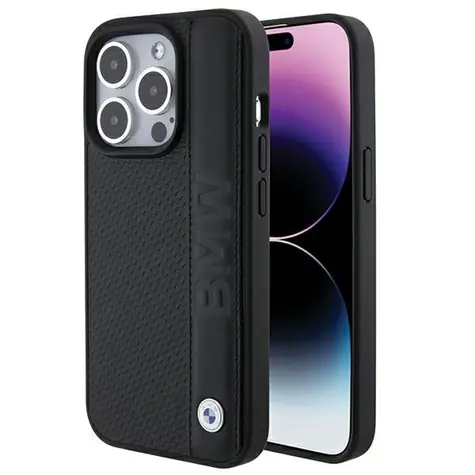 BMW Leather Textured & Stripe černá / Zadní kryt / iPhone 15 Pro / pravá kůže