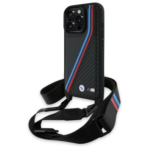 BMW M Edition Carbon Tricolor Strap kryt černá / Zadní kryt / iPhone 16 Pro Max / karbonový vzhled / poutko