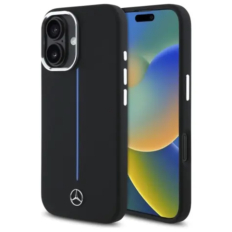 Mercedes Silicone Blue Stripe pro iPhone 16 černá / Zadní kryt / MagSafe