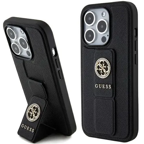 Guess Grip Stand 4G Saffiano Strass pro Apple iPhone 15 Pro Max černá / Zadní kryt / Stojánek / Štrasové kamínky
